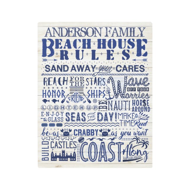 Beach House Rules Blue | Personalized Family Sea Metal Print (Front)