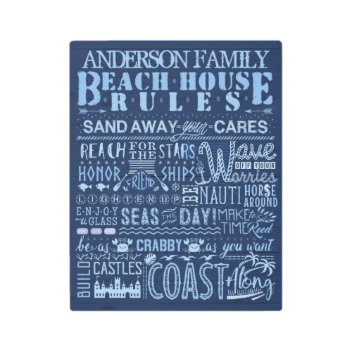 Beach House Rules Coastal Blue   Custom Family Metal Print
