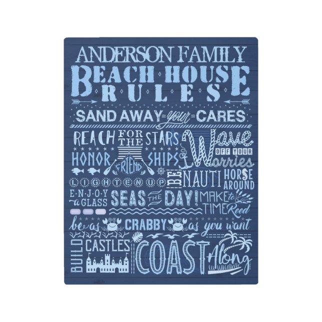 Beach House Rules Coastal Blue  | Custom Family Metal Print (Front)