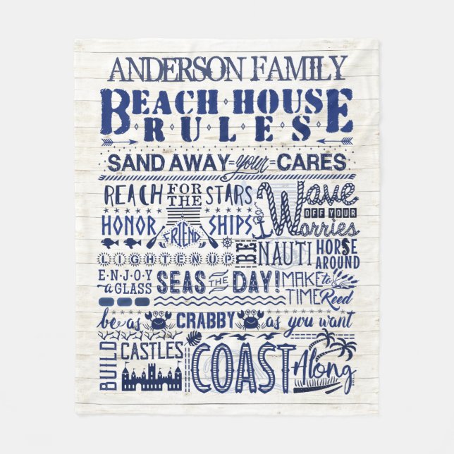 Beach House Rules Coastal Blue Personalized Family Fleece Blanket (Front)