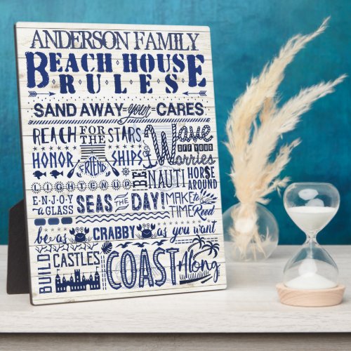 Beach House Rules Coastal Blue Personalized Family Plaque