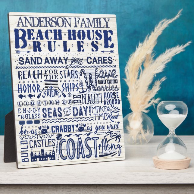 Beach House Rules Coastal Blue Personalized Family Plaque (Side)