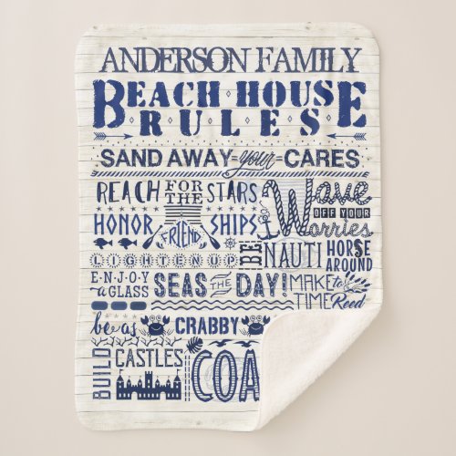 Beach House Rules Coastal Blue Personalized Family Sherpa Blanket