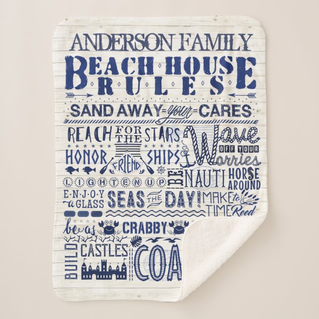 Beach House Rules Coastal Blue Personalized Family Sherpa Blanket (Front)