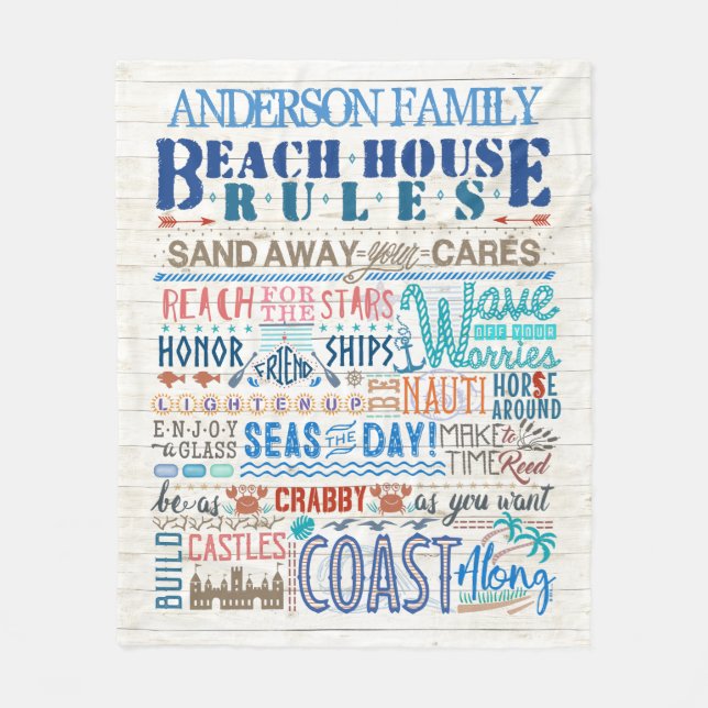 Beach House Rules Coastal Family Cottage | Custom Fleece Blanket (Front)