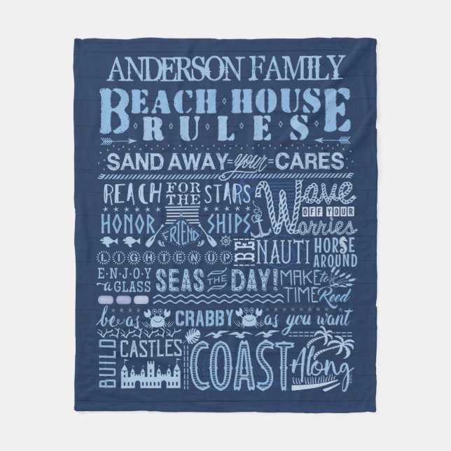 Beach House Rules Coastal Navy Blue Custom Family Fleece Blanket (Front)