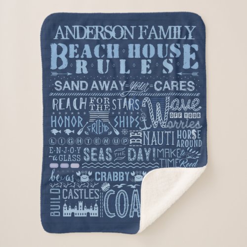 Beach House Rules Coastal Navy Blue Custom Family Sherpa Blanket