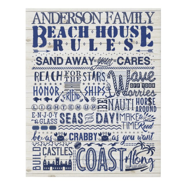 Beach House Rules Custom Family Cottage Sign Blue (Front)