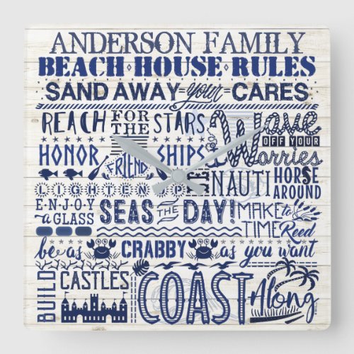 Beach House Rules Custom Family Name Blue Coastal Square Wall Clock