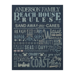 Beach House Rules Family Cottage Blue Custom Name Wood Wall Art