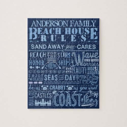 Beach House Rules Family Cottage  Custom Blue Jigsaw Puzzle