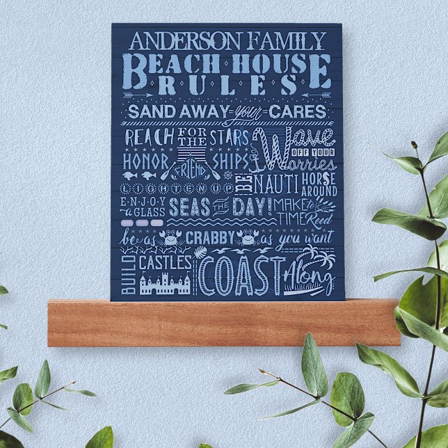 Beach House Rules Navy Blue Coastal Custom Family Picture Ledge (Creator Uploaded)