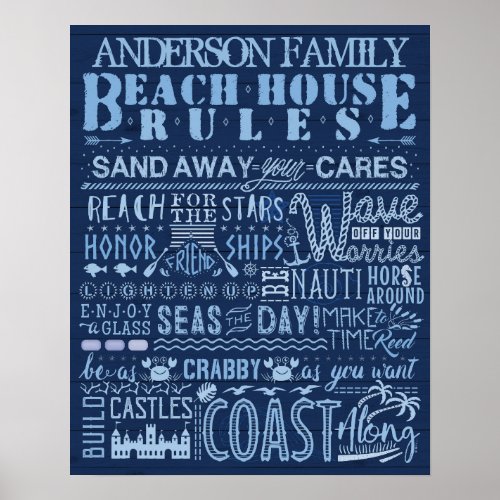 Beach House Rules Navy Blue Coastal Custom Family Poster