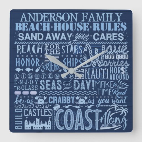 Beach House Rules Navy Blue Coastal Custom Family Square Wall Clock