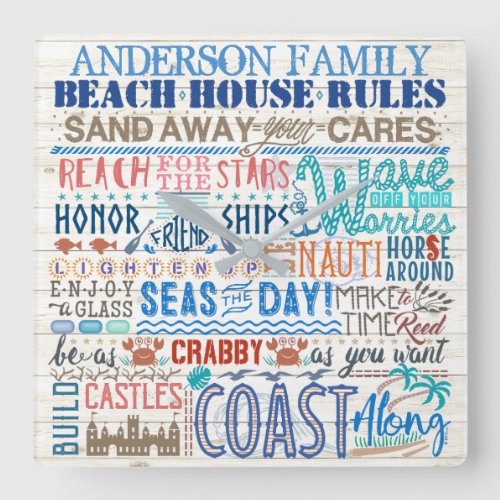 Beach House Rules Personalized Family Name Coastal Square Wall Clock