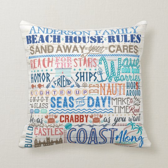 Beach House Rules Personalized Family Name Coastal Throw Pillow