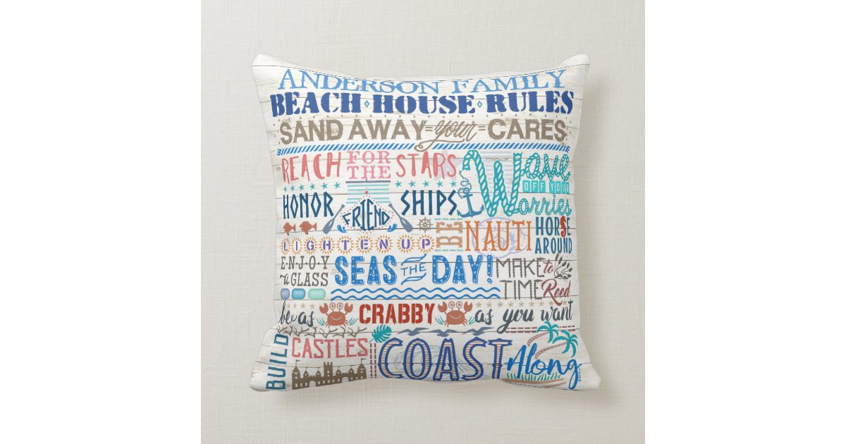Beach House Rules Personalized Family Name Coastal Throw Pillow