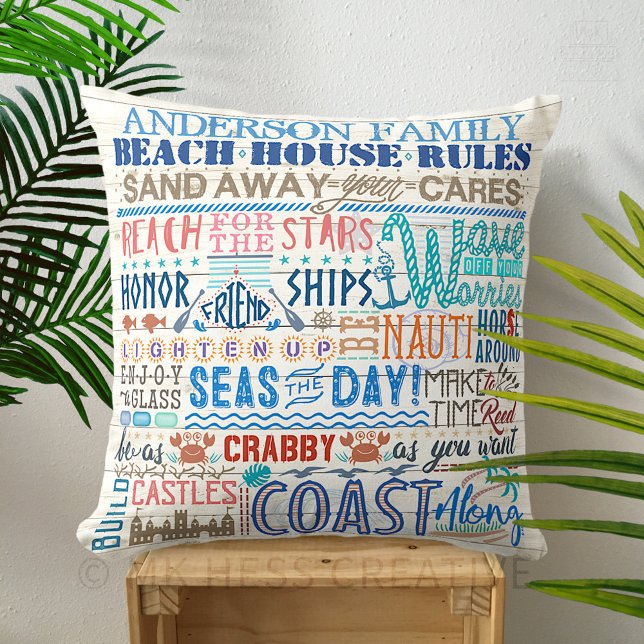 Beach House Rules Personalized Family Name Coastal Throw Pillow (Creator Uploaded)