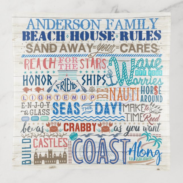 Beach House Rules Personalized Family Name Coastal Trinket Tray (Front)