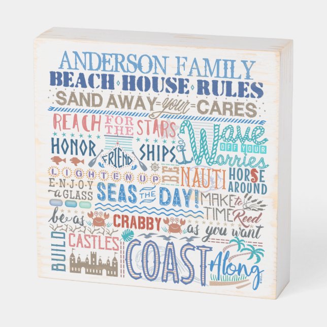 Beach House Rules Personalized Family Name Coastal Wooden Box Sign (Angled Horizontal)