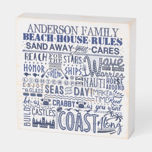Beach House Rules Personalized Family Name  Navy Wooden Box Sign