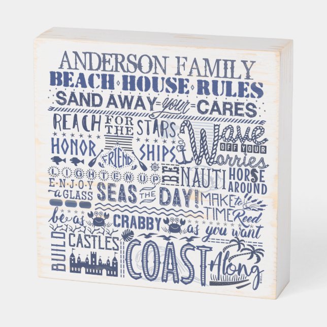 Beach House Rules Personalized Family Name | Navy Wooden Box Sign (Angled Horizontal)