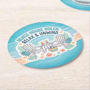 Beach House Rules: Relax and Unwind Round Paper Coaster
