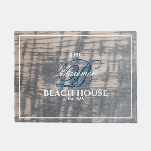 Beach House Rustic Wood Effect Blue Initial Script Doormat