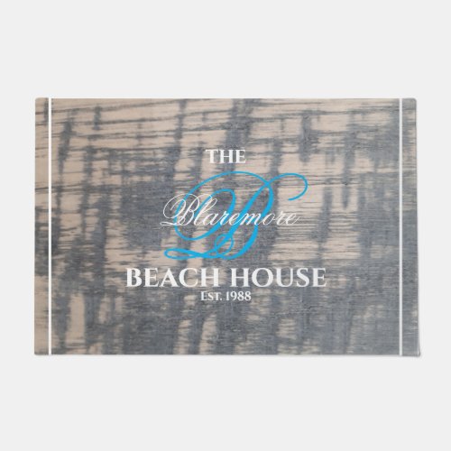Beach House Rustic Wood Effect Sky Blue Monogram Doormat