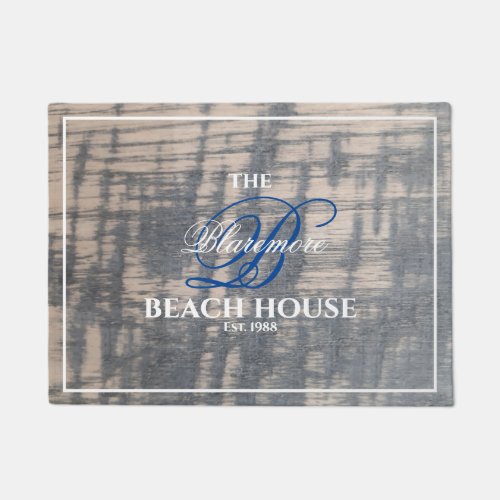 Beach House Rustic Wood Effect White Name Blue Doormat