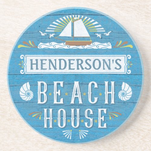 Beach House Sailboat Coastal Blue Nautical Custom Drink Coaster