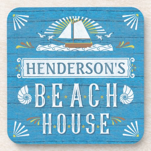 Beach House Sailboat Nautical Shells Personalized Drink Coaster