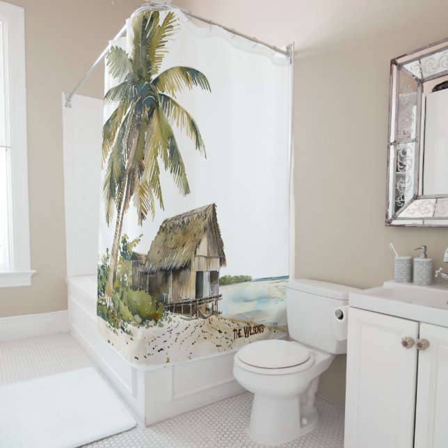 Beach House Scene Watercolor Design Shower Curtain (In Situ)
