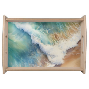 Beach House Sea Waves Watercolor Serving Tray