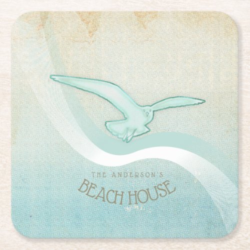 Beach House Seagull Aqua Blue ID623 Square Paper Coaster