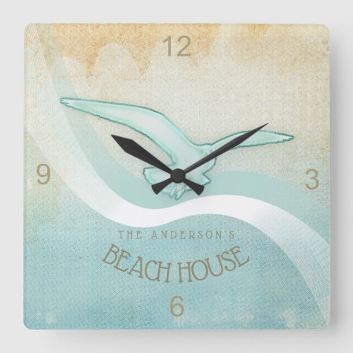 Beach House Seagull Aqua Blue ID623 Square Wall Clock