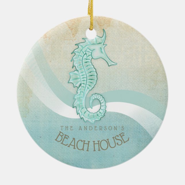 Beach House Seahorse Aqua Blue ID623 Ceramic Ornament (Back)