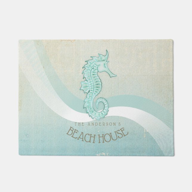 Beach House Seahorse Aqua Blue ID623 Doormat (Front)