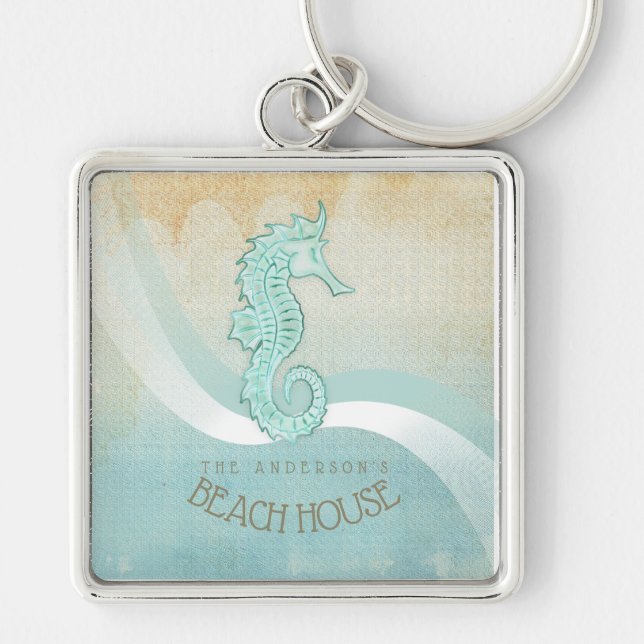 Beach House Seahorse Aqua Blue ID623 Keychain (Front)