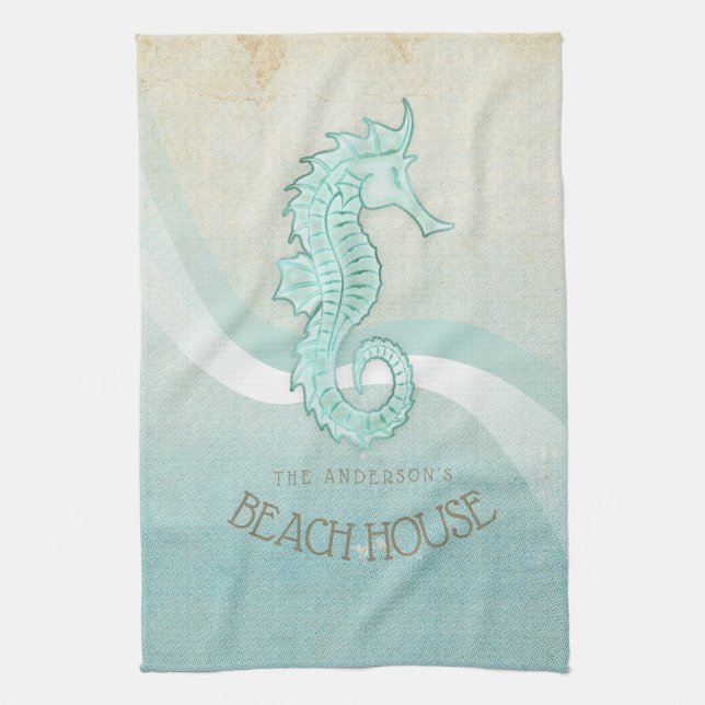 Beach House Seahorse Aqua Blue ID623 Kitchen Towel (Vertical)