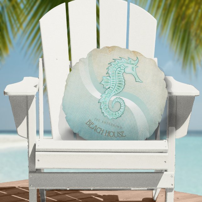 Beach House Seahorse Aqua Blue ID623 Round Pillow (Creator Uploaded)