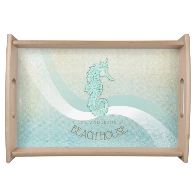 Beach House Seahorse Aqua Blue ID623 Serving Tray (Front)