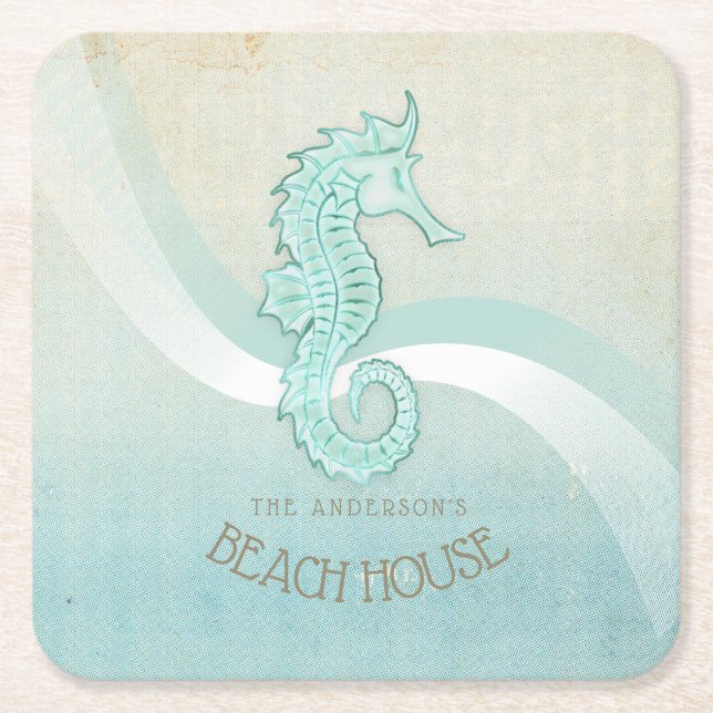 Beach House Seahorse Aqua Blue ID623 Square Paper Coaster (Front)