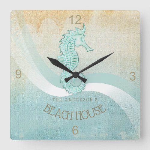 Beach House Seahorse Aqua Blue ID623 Square Wall Clock