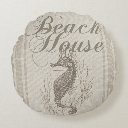 Beach House Seahorse Seashore Round Pillow