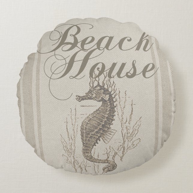 Beach House Seahorse Seashore Round Pillow (Front)