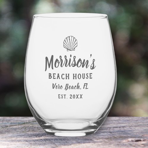 Beach House Seashell Clam Shell Personalized Name Stemless Wine Glass