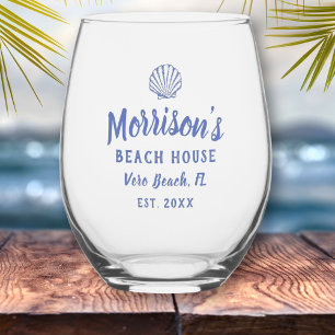 Beach House Seashell Clam Shell Personalized Name Stemless Wine Glass