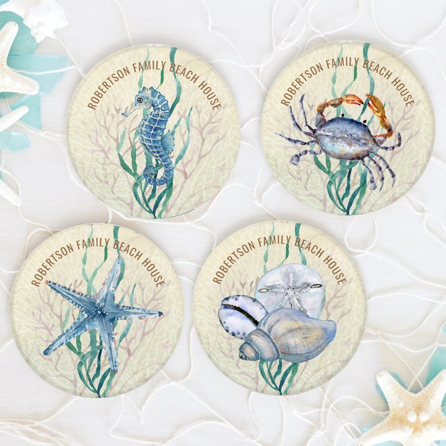 Beach House Seashells Family Name Coaster Set (Creator Uploaded)