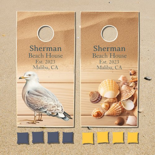 Beach House Seashells Seagull Sand Family Name Cornhole Set